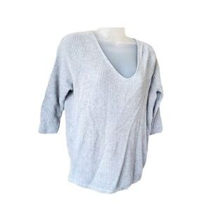 Express Womens Minimalist Coquette Neutral Ribbed VNeck Sweater XS Gray 3/4 Slv